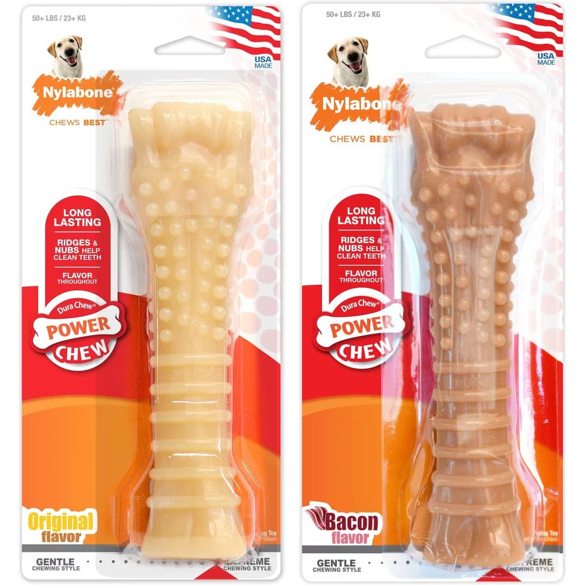 Nylabone Power Chew Original &amp; Bacon Flavored Dog Chew Toys Aggressive Chewers Bundle