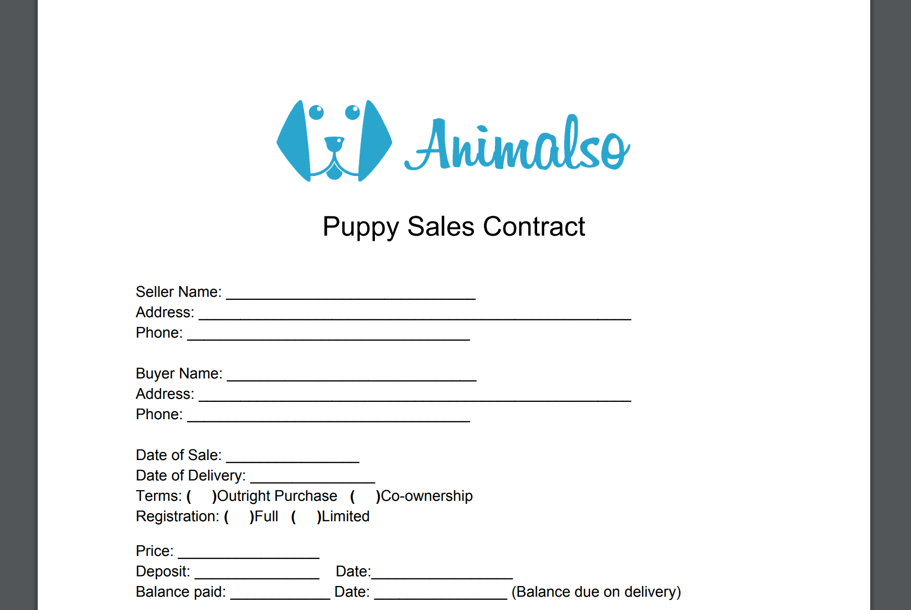 Animalso Puppy Sales Contract