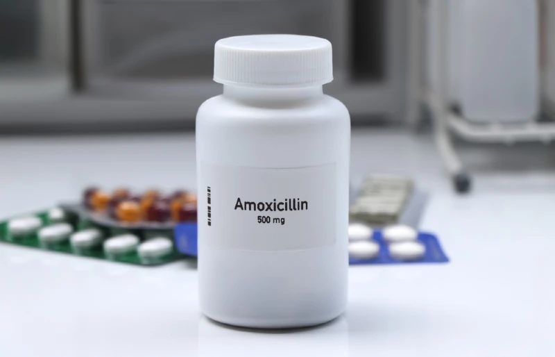 amoxicillin medicine in white pill bottle